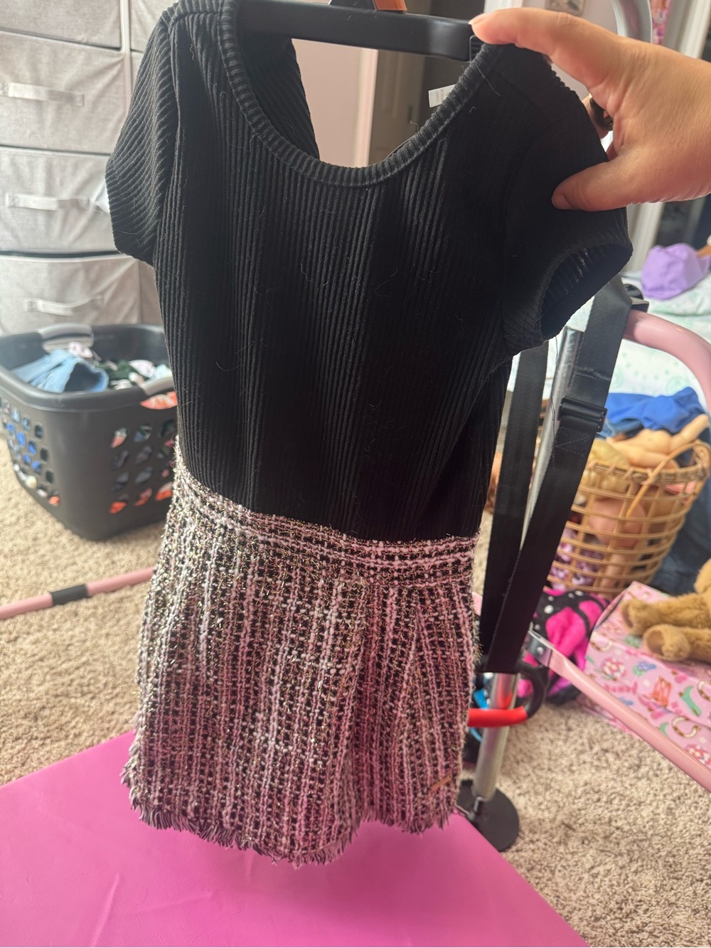 Black Ribbed Top with Tweed Skirt Dress